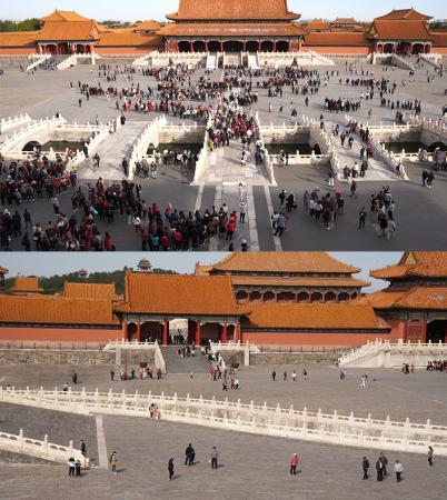 上午9时和下午13时的太和门广场客流对比。故宫博物院供图